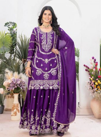 NEW ARRIVAL CHINON EMBROIDERY CODING SEQUENCE WORK TOP PALAZZO WITH DUPATTA PURPLE