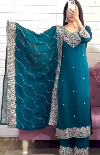 NEW ARRIVAL CHINON EMBROIDERY THREAD SEQUENCE WORK TOP PALAZZO WITH DUPATTA RAMA