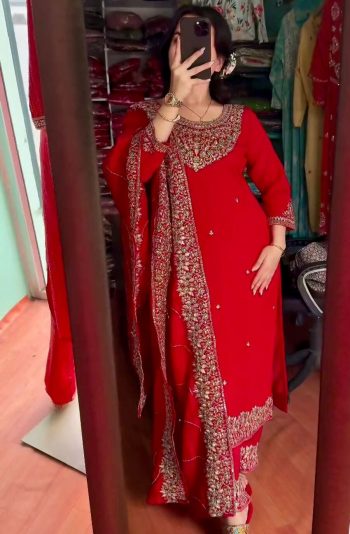 NEW ARRIVAL CHINON EMBROIDERY THREAD SEQUENCE WORK TOP PALAZZO WITH DUPATTA RED