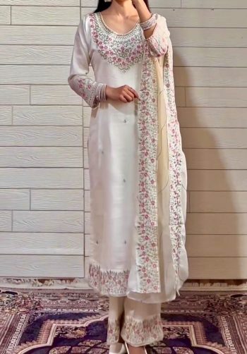 NEW ARRIVAL CHINON EMBROIDERY THREAD SEQUENCE WORK TOP PALAZZO WITH DUPATTA WHITE