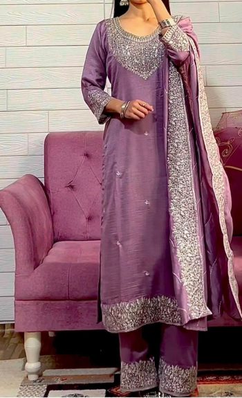 NEW ARRIVAL CHINON EMBROIDERY THREAD SEQUENCE WORK TOP PALAZZO WITH DUPATTA LAVENDER