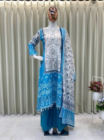 NEW ARRIVAL CHINON PRINTED REAL MIRROR KODI LACE WORK TOP PALAZZO WITH DUPATTA SKY