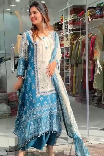 NEW ARRIVAL CHINON SILK DIGITAL PRINT WITH REAL MIRROR HAND WORK AND HANGINGS LACE BORDER WORK TOP PALAZZO WITH DUPATTA SKY