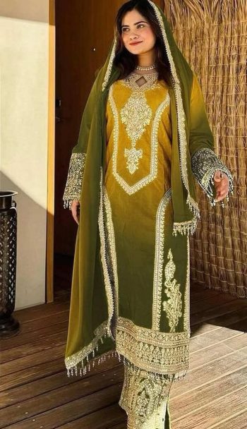 NEW ARRIVAL CHINON SILK DUAL TONE WITH EMBROIDERY SEQUENCE AND CODING WORK TOP PALAZZO WITH DUPATTA YELLOW