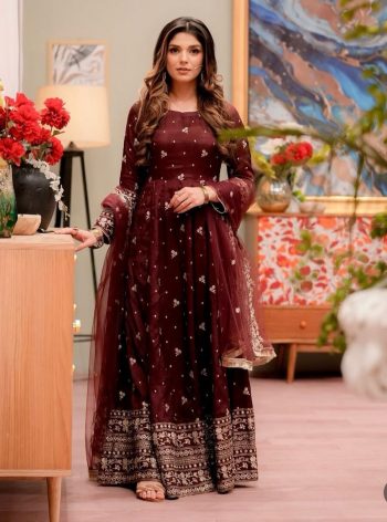 NEW ARRIVAL CHINON SILK EMBROIDERY SEQUENCE WORK  GOWN BOTTOM WITH DUPATTA  MAROON