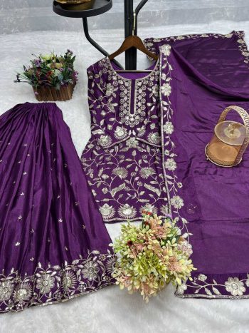 NEW ARRIVAL CHINON SILK EMBROIDERY SEQUENCE WORK TOP PALAZZO WITH DUPATTA PURPLE