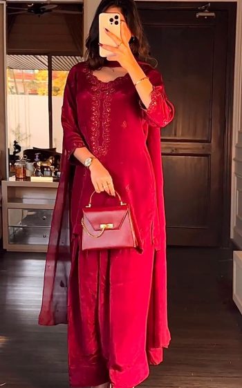 NEW ARRIVAL CHINON SILK EMBROIDERY SEQUENCE WORK TOP PATIYALA WITH DUPATTA RED