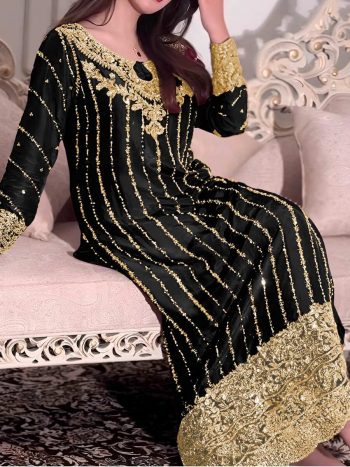 NEW ARRIVAL CHINON SILK EMBROIDERY SEQUENCE WORK WITH RIVET MOTI WORK TOP BOTTOM WITH DUPATTA BLACK