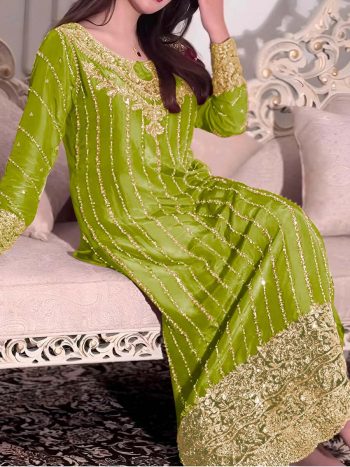 NEW ARRIVAL CHINON SILK EMBROIDERY SEQUENCE WORK WITH RIVET MOTI WORK TOP BOTTOM WITH DUPATTA PARROT GREEN