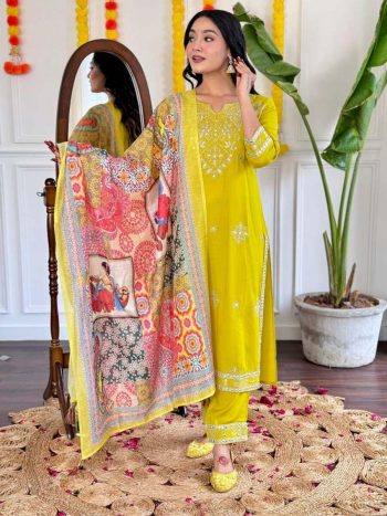 NEW ARRIVAL COTTON EMBROIDERY GOTA PATTI WORK TOP BOTTOM WITH DUPATTA YELLOW