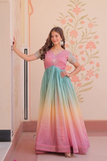 NEW ARRIVAL CRUSH BEADS EMBROIDERY DIGITAL PRINTED WORK ONLY  ALIA CUT GOWN BABYPINK