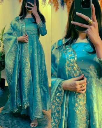 NEW ARRIVAL CRUSH SILK EMBROIDERY SEQUENCE DESIGN WORK GOWN BOTTOM WITH DUPATTA  SKY