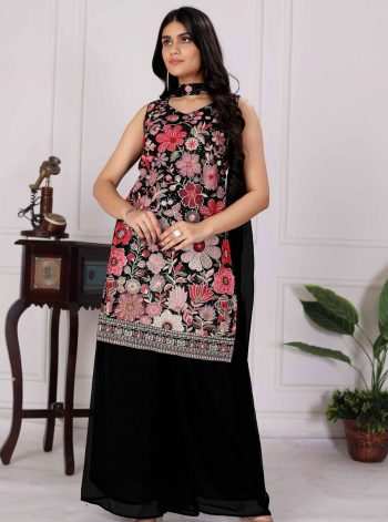 NEW ARRIVAL FAUX GEORGETTE SEQUENCE EMBROIDERY WORK TOP PALAZZO WITH DUPATTA BLACK