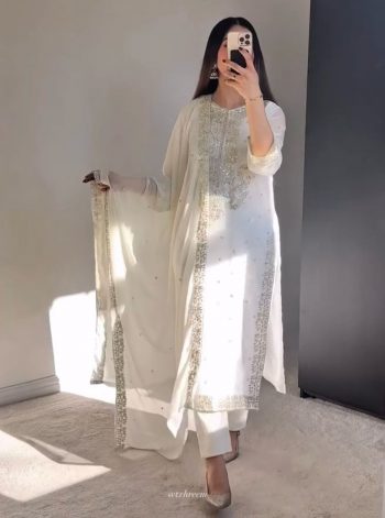 NEW ARRIVAL GEORGETTE EMBROIDERY AND SEQUENCE WORK TOP BOTTOM WITH DUPATTA  WHITE