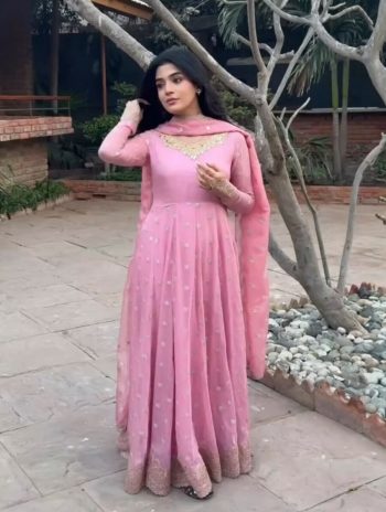 NEW ARRIVAL GEORGETTE EMBROIDERY SEQUENCE WORK GOWN BOTTOM WITH DUPATTA PINK