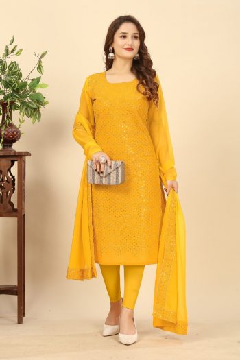 NEW ARRIVAL GEORGETTE EMBROIDERY SEQUENCE WORK TOP BOTTOM WITH DUPATTA YELLOW