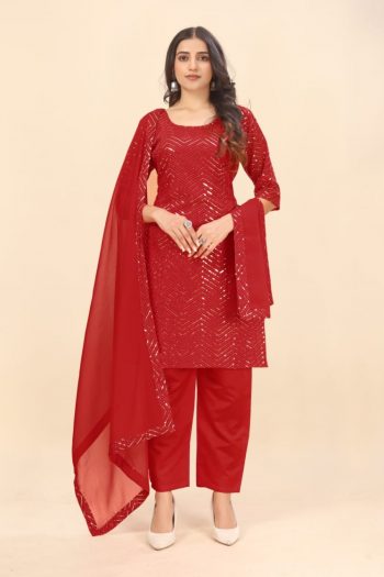 NEW ARRIVAL GEORGETTE EMBROIDERY SEQUNCE WORK TOP DUPATTA RED