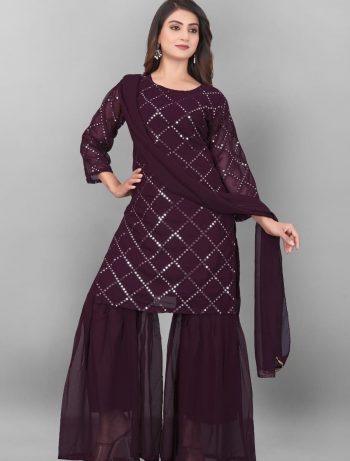 NEW ARRIVAL GEORGETTE EMBROIDERY WORK TOP SHARARA WITH DUPATTA PURPLE