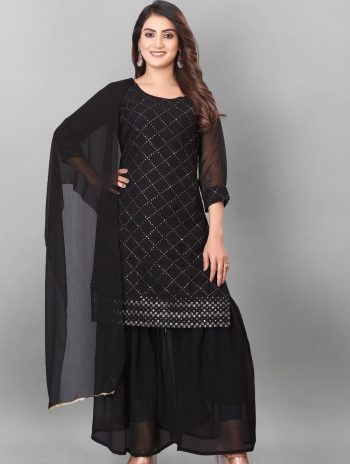 NEW ARRIVAL GEORGETTE EMBROIDERY WORK TOP SHARARA WITH DUPATTA BLACK