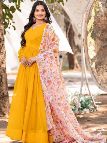 NEW ARRIVAL GEORGETTE PLAIN GOWN WITH DIGITAL PRINTED DUPATTA YELLOW