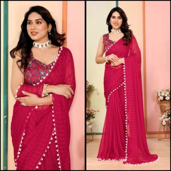 NEW ARRIVAL GEORGETTE PLAIN LACE WORK SAREE WITH DIGITAL PRINTED UNSTITCHED BLOUSE RANI