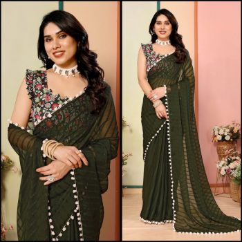 NEW ARRIVAL GEORGETTE PLAIN LACE WORK SAREE WITH DIGITAL PRINTED UNSTITCHED BLOUSE OLIVE
