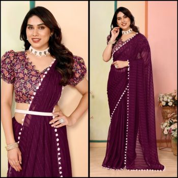 NEW ARRIVAL GEORGETTE PLAIN LACE WORK SAREE WITH DIGITAL PRINTED UNSTITCHED BLOUSE WINE