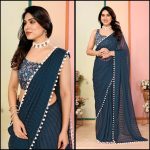 NEW ARRIVAL GEORGETTE PLAIN LACE WORK SAREE WITH DIGITAL PRINTED UNSTITCHED BLOUSE TEAL