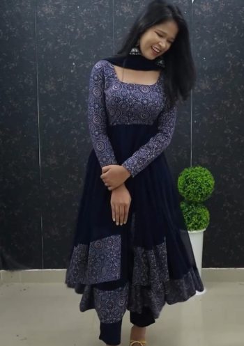 NEW ARRIVAL GEORGETTE WITH DIGITAL DAMAN PRINT WORK ANARKALI GOWN WITH DUPATTA  NAVY BLUE