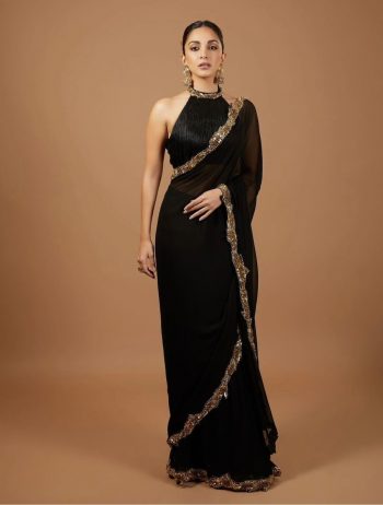 NEW ARRIVAL GEORGETTE ZARI SEQUENCE BORDER WORK SAREE WITH UNSTITCHED BLOUSE BLACK