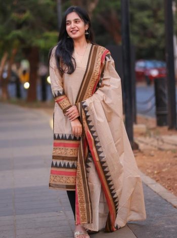 NEW ARRIVAL KANCHI COTTON JACQUARD WEAVING WITH PRINT AND HAND ZARI WEAVING WORK TOP BOTTOM WITH DUPATTA CREAM