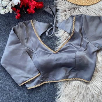 NEW ARRIVAL MALAAI SATIN FANCY LACE WORK READY TO WEAR BLOUSE GREY