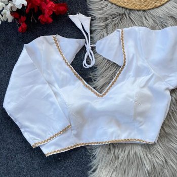 NEW ARRIVAL MALAAI SATIN FANCY LACE WORK READY TO WEAR BLOUSE WHITE