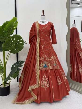 NEW ARRIVAL NATURAL CREPE BEADS THREAD SEQUENCE WORK TOP LEHENGA WITH DUPATTA ORANGE