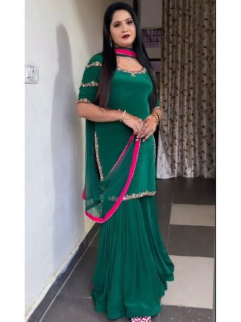 NEW ARRIVAL NATURAL CREPE EMBROIDERY LACE BORDER WORK TOP SHARARA WITH DUPATTA GREEN