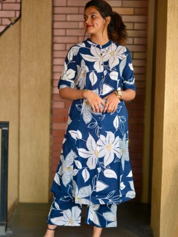 NEW ARRIVAL POLY RAYON DIGITAL PRINTED CO-ORD SET BLUE