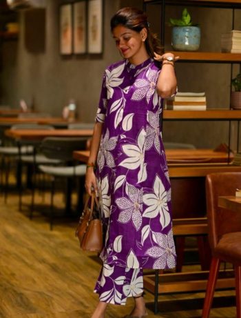 NEW ARRIVAL POLY RAYON DIGITAL PRINTED CO-ORD SET PURPLE
