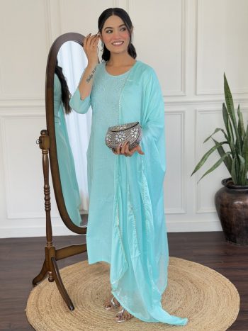 NEW ARRIVAL PURE COTTON EMBROIDERY WORK TOP BOTTOM WITH DUPATTA SKY