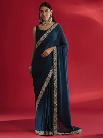NEW ARRIVAL RANGOLI SILK EMBROIDERY LACE WORK SAREE WITH UNSTITCHED BLOUSE BLUE