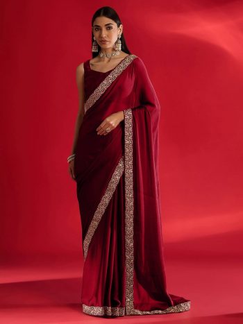 NEW ARRIVAL RANGOLI SILK EMBROIDERY LACE WORK SAREE WITH UNSTITCHED BLOUSE MAROON