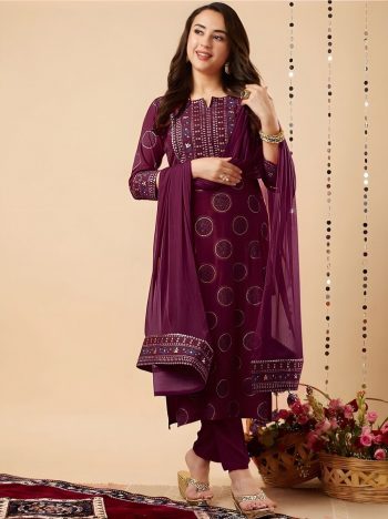 NEW ARRIVAL RAYON EMBROIDERY WITH FOIL PRINT WORK TOP BOTTOM WITH DUPATTA WINE