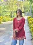 NEW ARRIVAL RAYON EMBROIDERY WORK SHORT KURTI RED