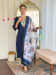 NEW ARRIVAL RAYON SLUB EMBROIDERY WORK TOP BOTTOM WITH DUPATTA NAVY BLUE