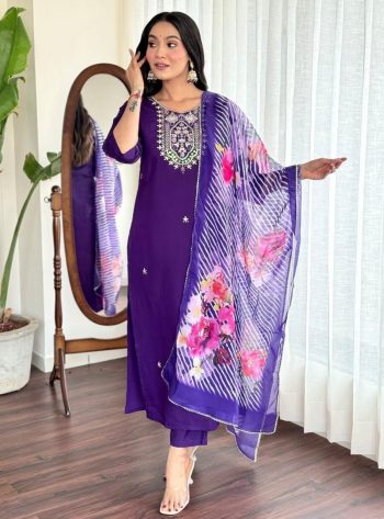 NEW ARRIVAL ROMAN SILK EMBROIDERY WORK TOP BOTTOM WITH DUPATTA PURPLE