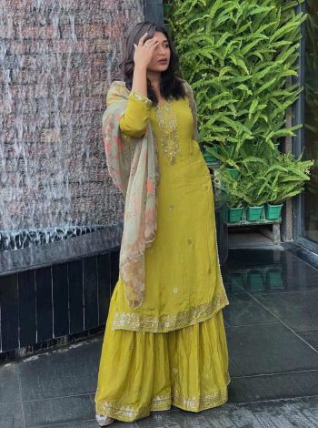 NEW ARRIVAL ROMAN SILK SEQUECEN AND ZARI EMBROIDERY WORK TOP SHARARA WITH DUPATTA PARROT GREEN