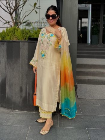 NEW ARRIVAL SATIN SILK EMBROIDERY SEQUENCE WORK TOP BOTTOM WITH DUPATTA OFF WHITE