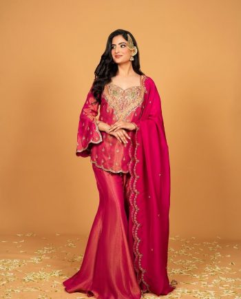 NEW ARRIVAL SHIMMER SILK EMBROIDERY WORK TOP PALAZZO WITH DUPATTA RANI