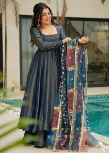 NEW ARRIVAL SHIMMER SILK PLAIN GOWN BOTTOM WITH DUPATTA TEAL
