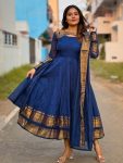 NEW ARRIVAL SILK COTTON JACQUARD WEAVING JARI WORK ANARKALI GOWN WITH DUPATTA  NAVY BLUE