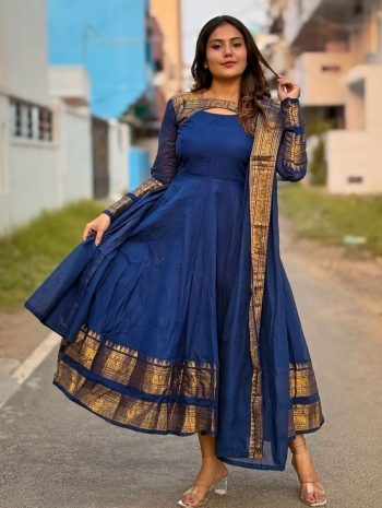 NEW ARRIVAL SILK COTTON JACQUARD WEAVING JARI WORK ANARKALI GOWN WITH DUPATTA  NAVY BLUE